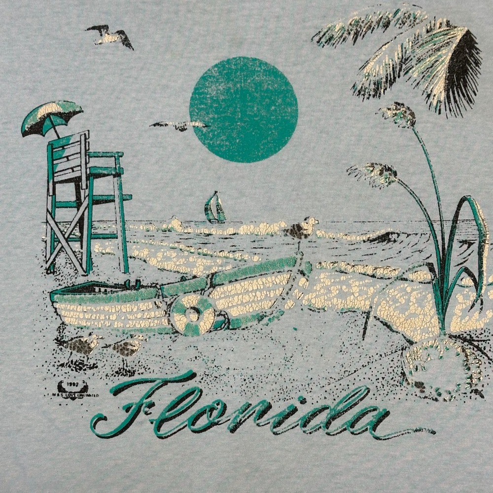 Vintage 1992 Florida Beach Graphic T-Shirt XL Light Blue Single Stitch USA Made - Picture 2 of 10